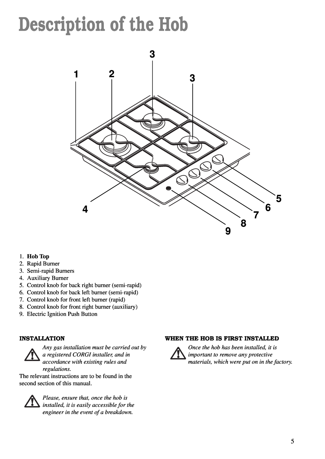 Tricity Bendix TBG 640 manual Description of the Hob, Hob Top, Installation, When The Hob Is First Installed 