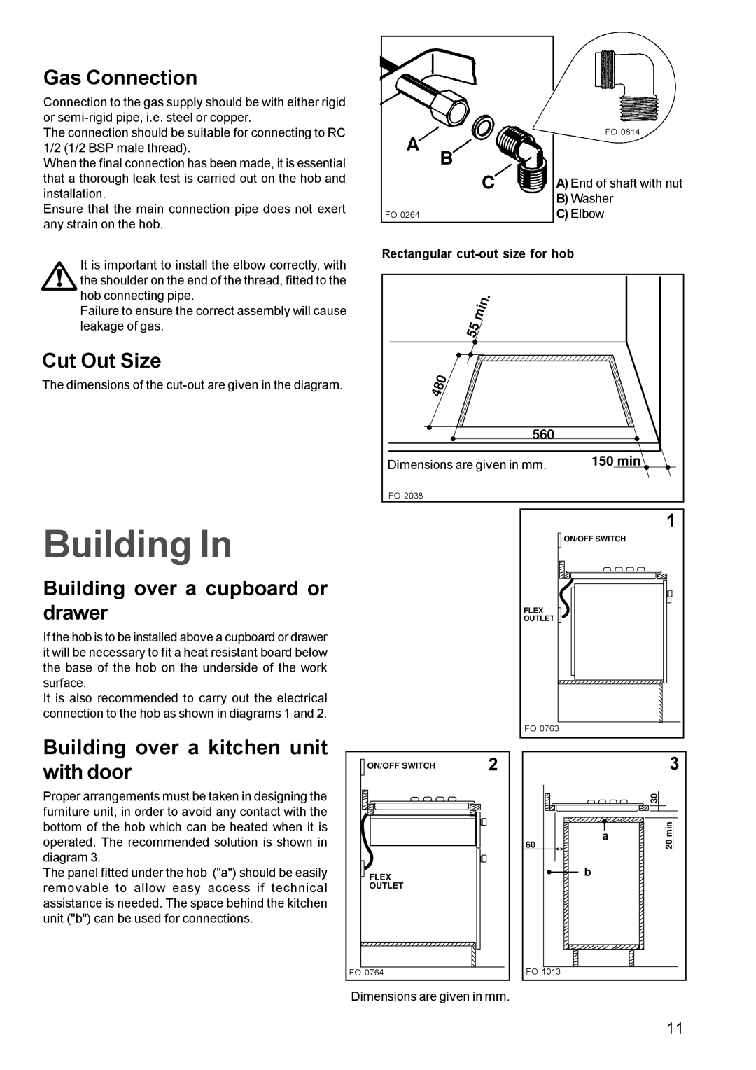 Tricity Bendix TBG 750 manual Gas Connection, Cut Out Size, Building over a cupboard or drawer 