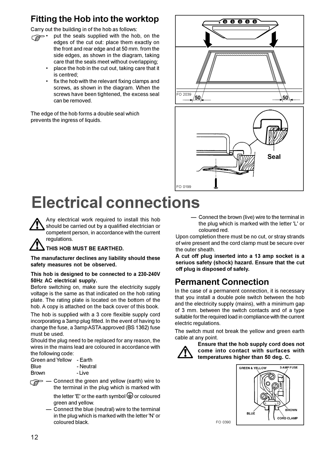 Tricity Bendix TBG 750 manual Electrical connections, Fitting the Hob into the worktop, Permanent Connection 