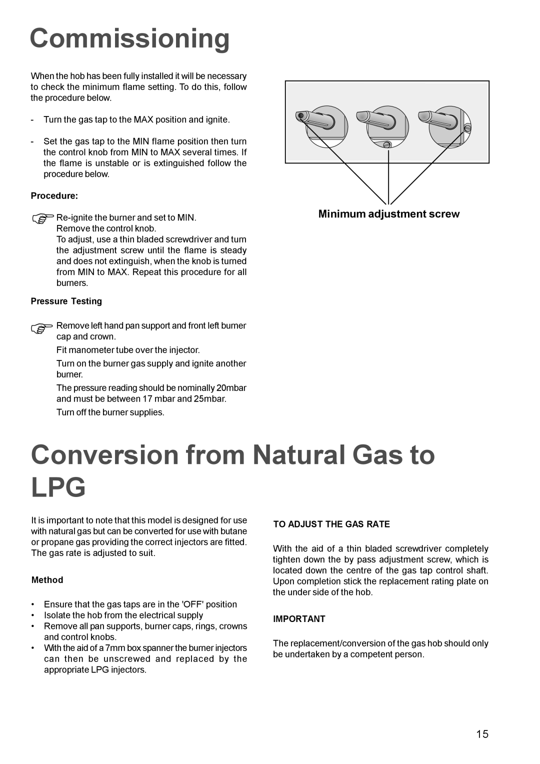 Tricity Bendix TBG 750 manual Commissioning, Conversion from Natural Gas to, To Adjust the GAS Rate 