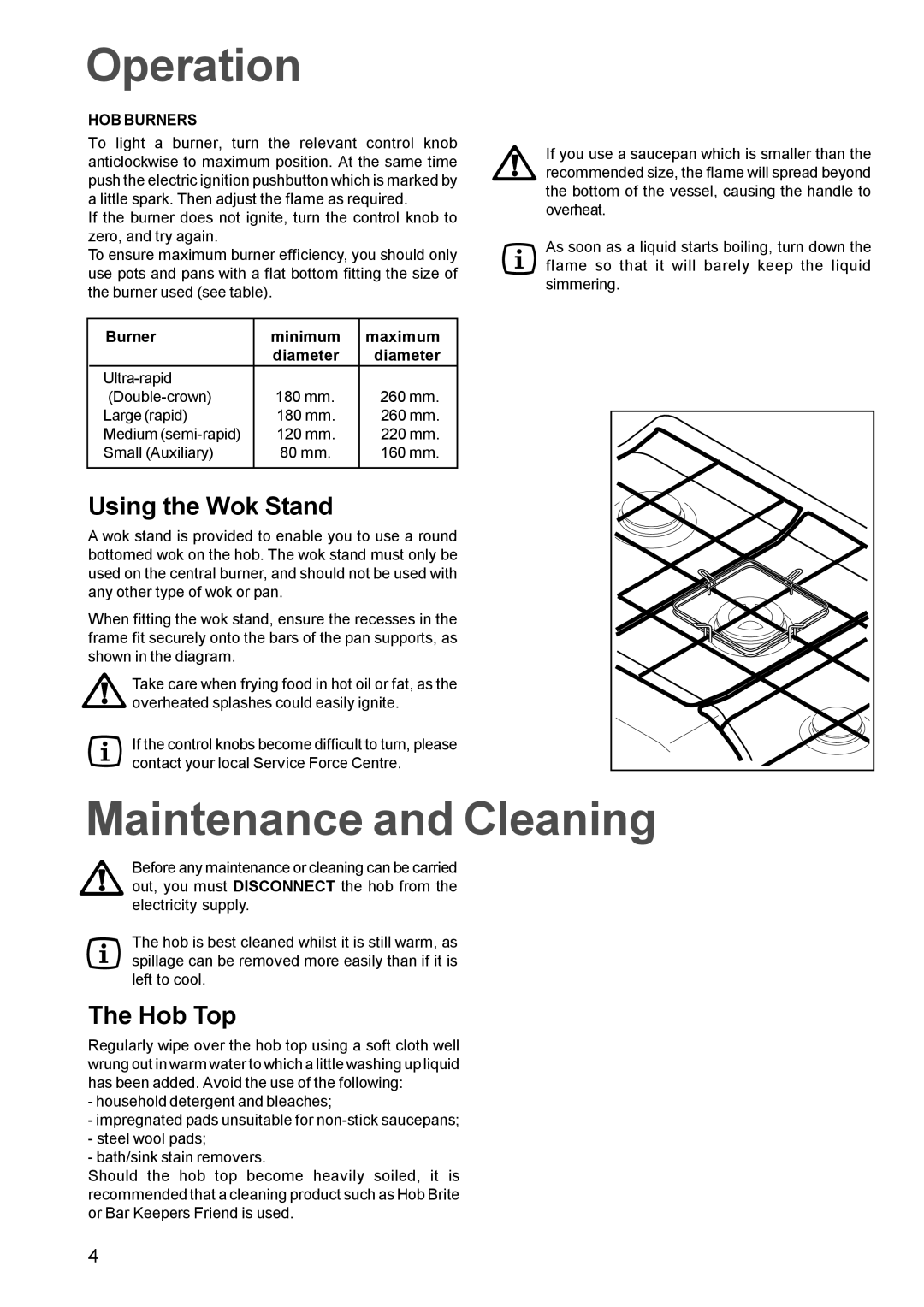 Tricity Bendix TBG 750 manual Operation, Maintenance and Cleaning, Using the Wok Stand, Hob Top, HOB Burners 