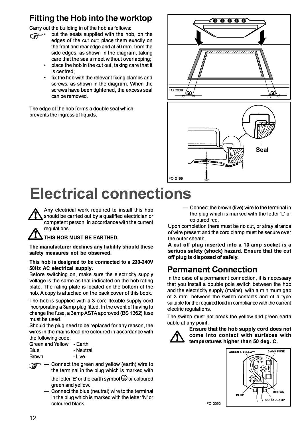 Tricity Bendix TBG 750 manual Electrical connections, Fitting the Hob into the worktop, Permanent Connection 