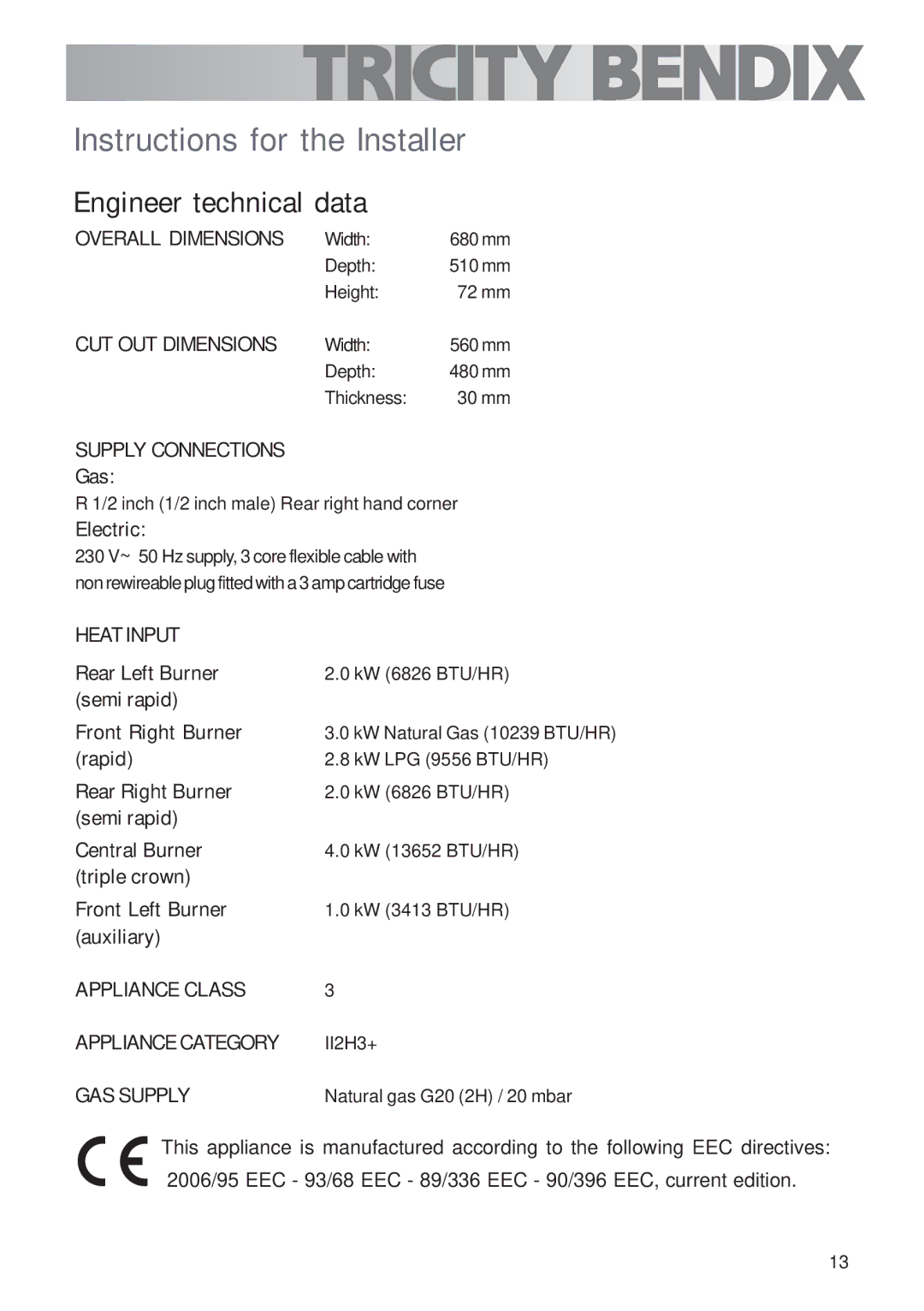 Tricity Bendix TBG700 user manual Instructions for the Installer, Engineer technical data 