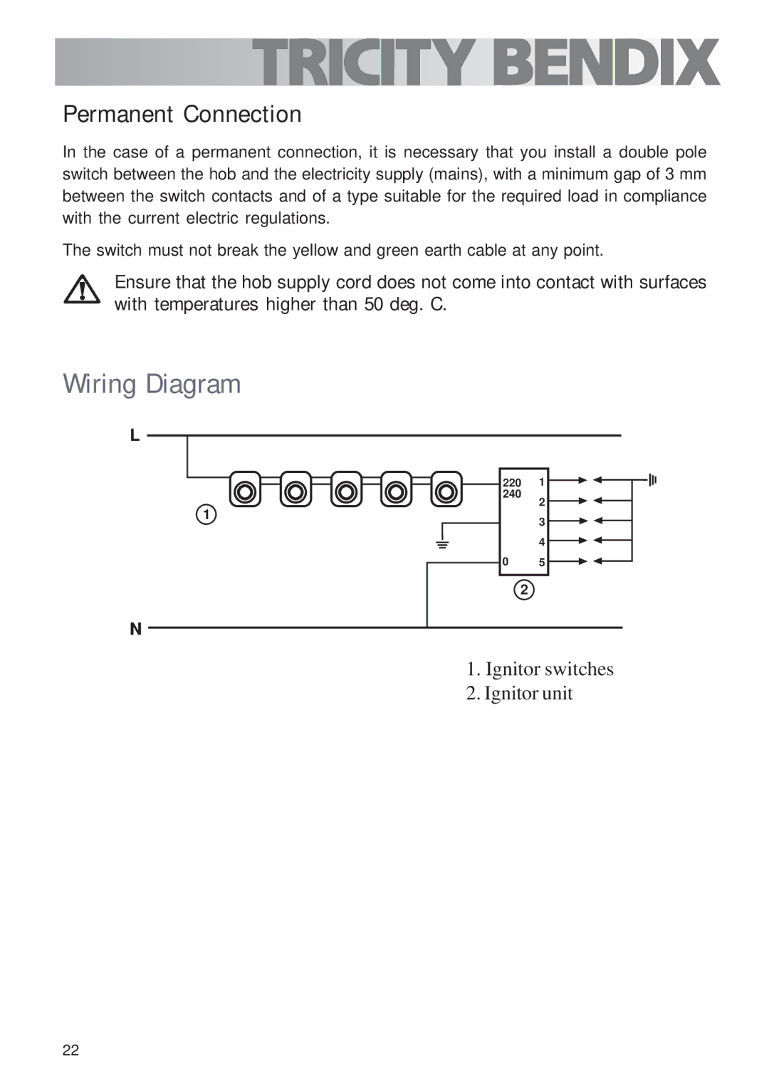 Tricity Bendix TBG700 user manual Wiring Diagram, Permanent Connection 