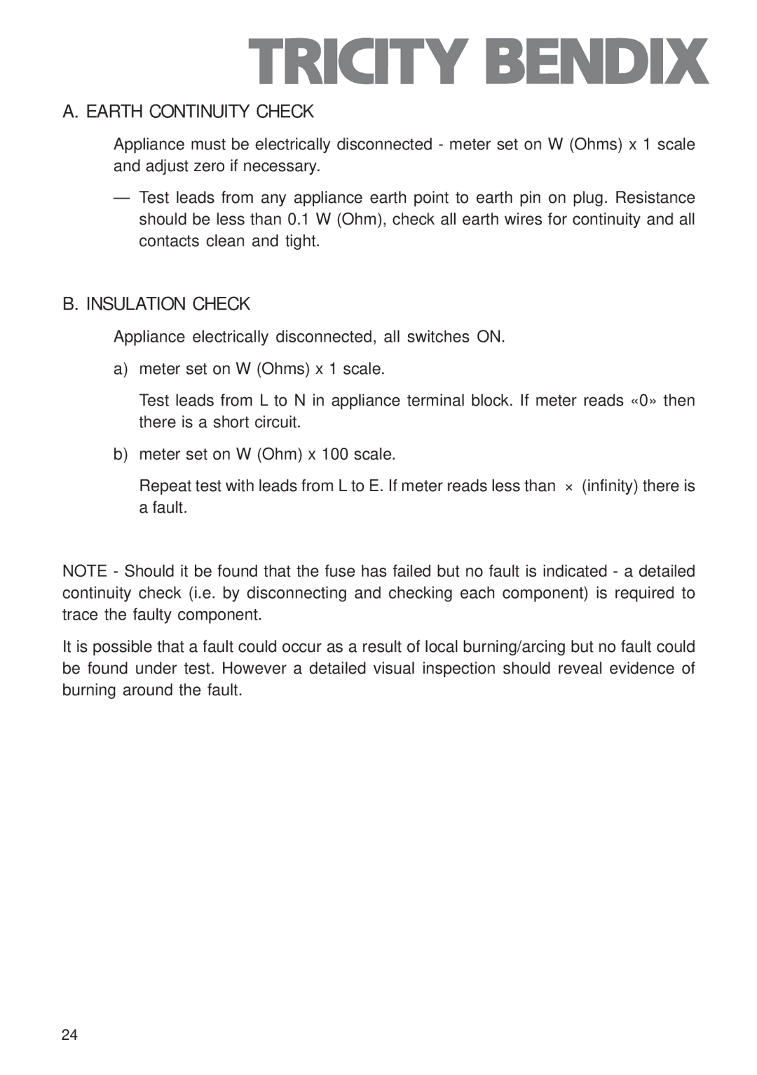 Tricity Bendix TBG700 user manual Earth Continuity Check 