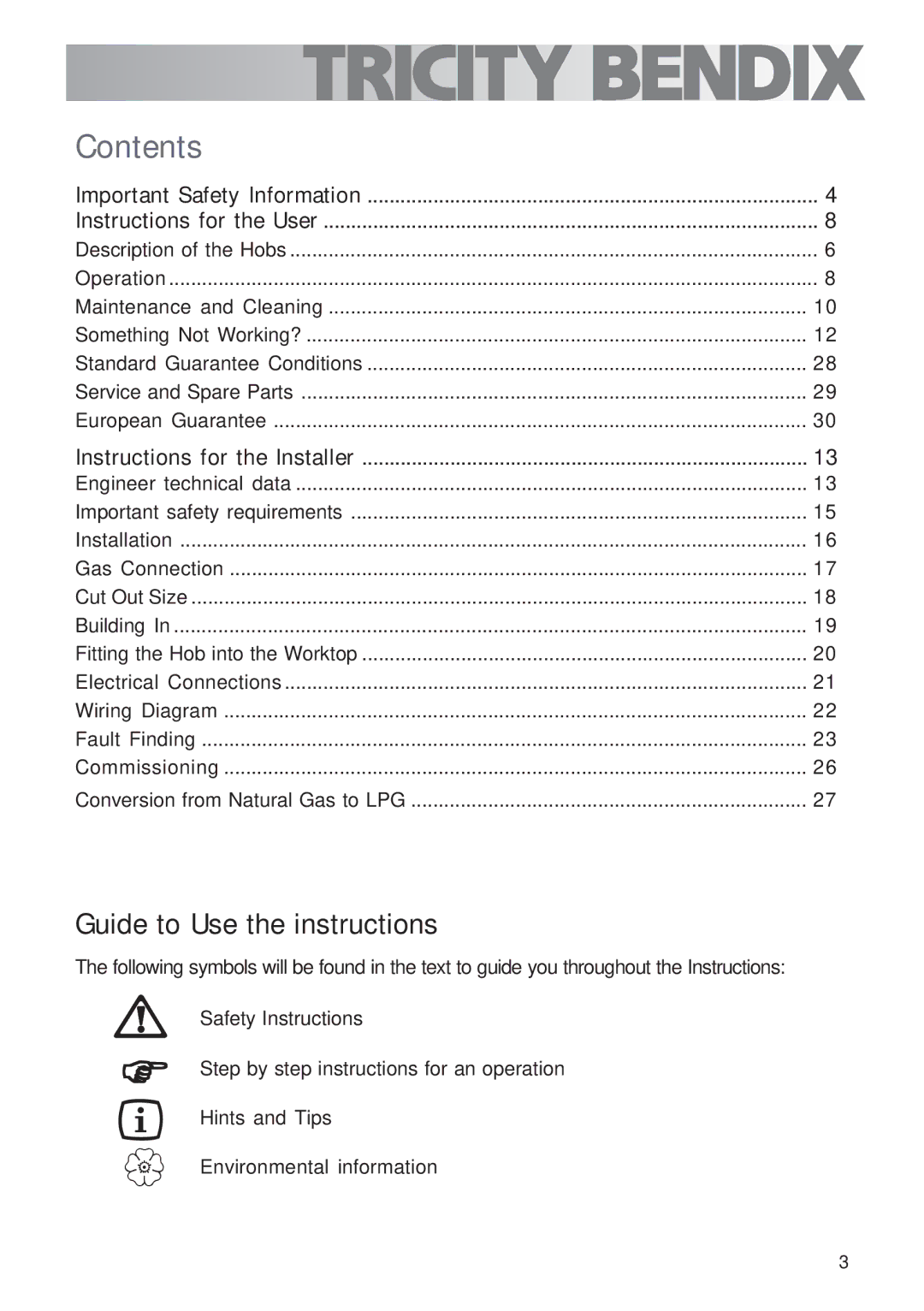 Tricity Bendix TBG700 user manual Contents 