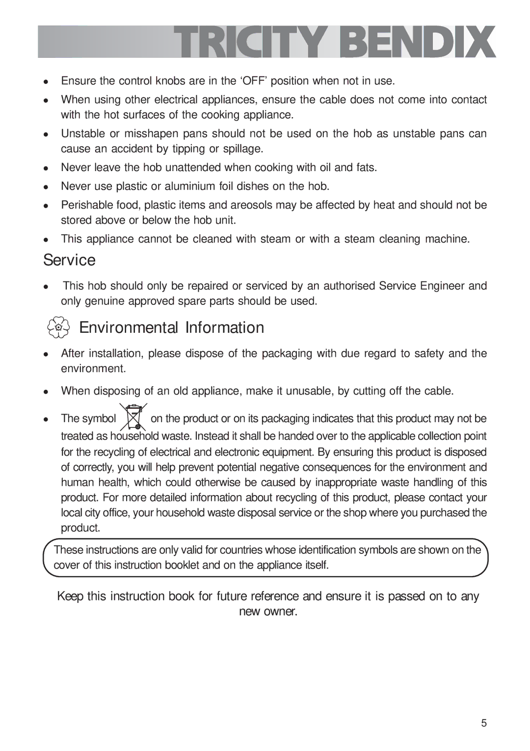 Tricity Bendix TBG700 user manual Service, Environmental Information 