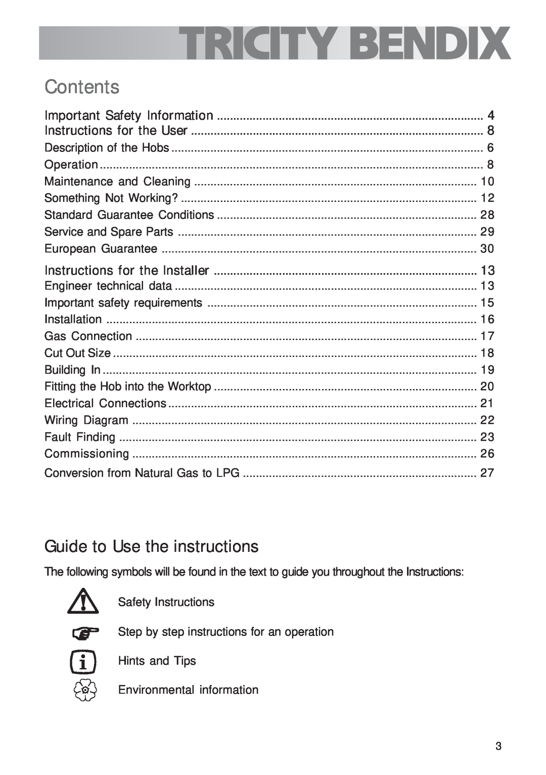 Tricity Bendix TBG700 user manual Contents, Guide to Use the instructions 