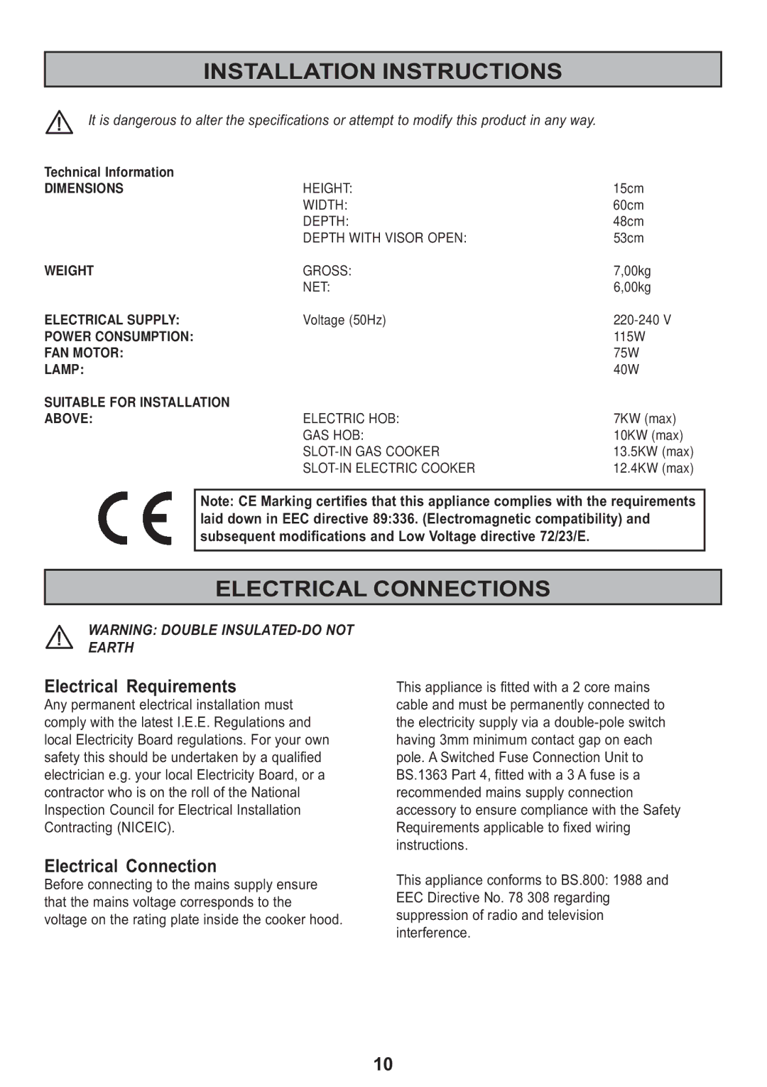 Tricity Bendix TBH 630 manual Installation Instructions, Electrical Connections, Electrical Requirements 