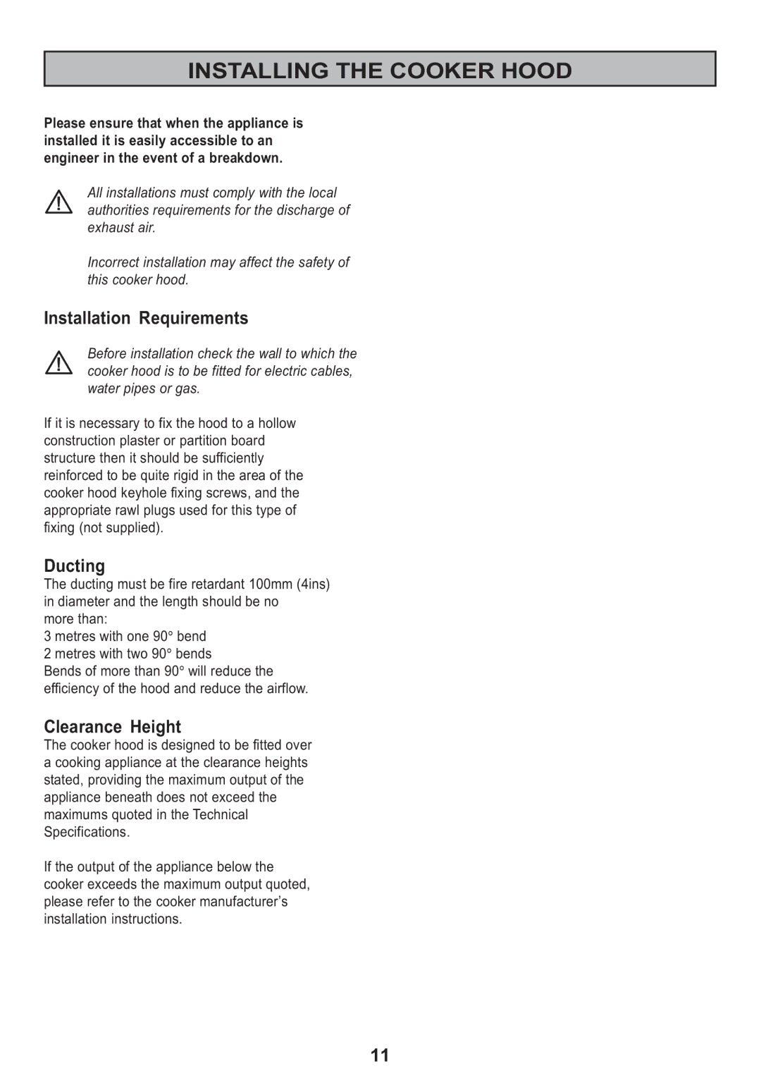 Tricity Bendix TBH 630 manual Installing the Cooker Hood, Installation Requirements, Ducting, Clearance Height 