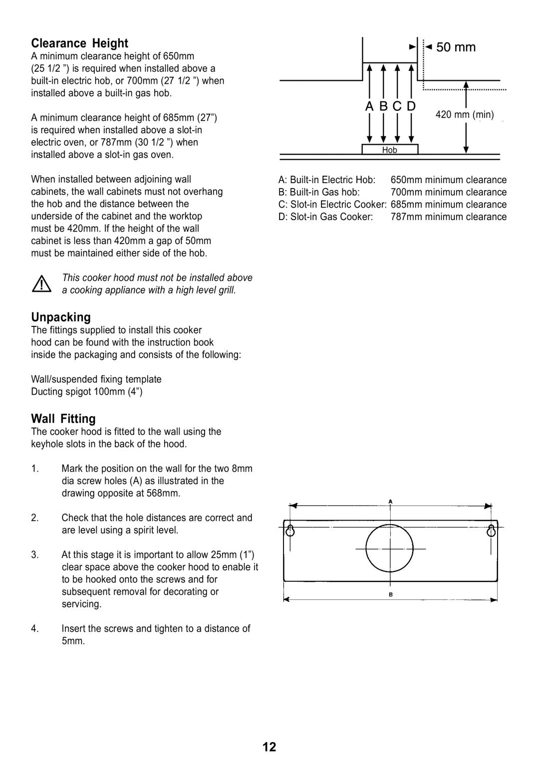 Tricity Bendix TBH 630 manual Unpacking, Wall Fitting, Built-in Electric Hob, Built-in Gas hob 