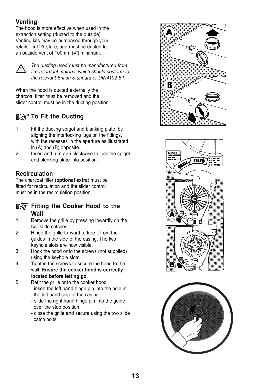 Tricity Bendix TBH 630 manual Venting, To Fit the Ducting, Fitting the Cooker Hood to the Wall 