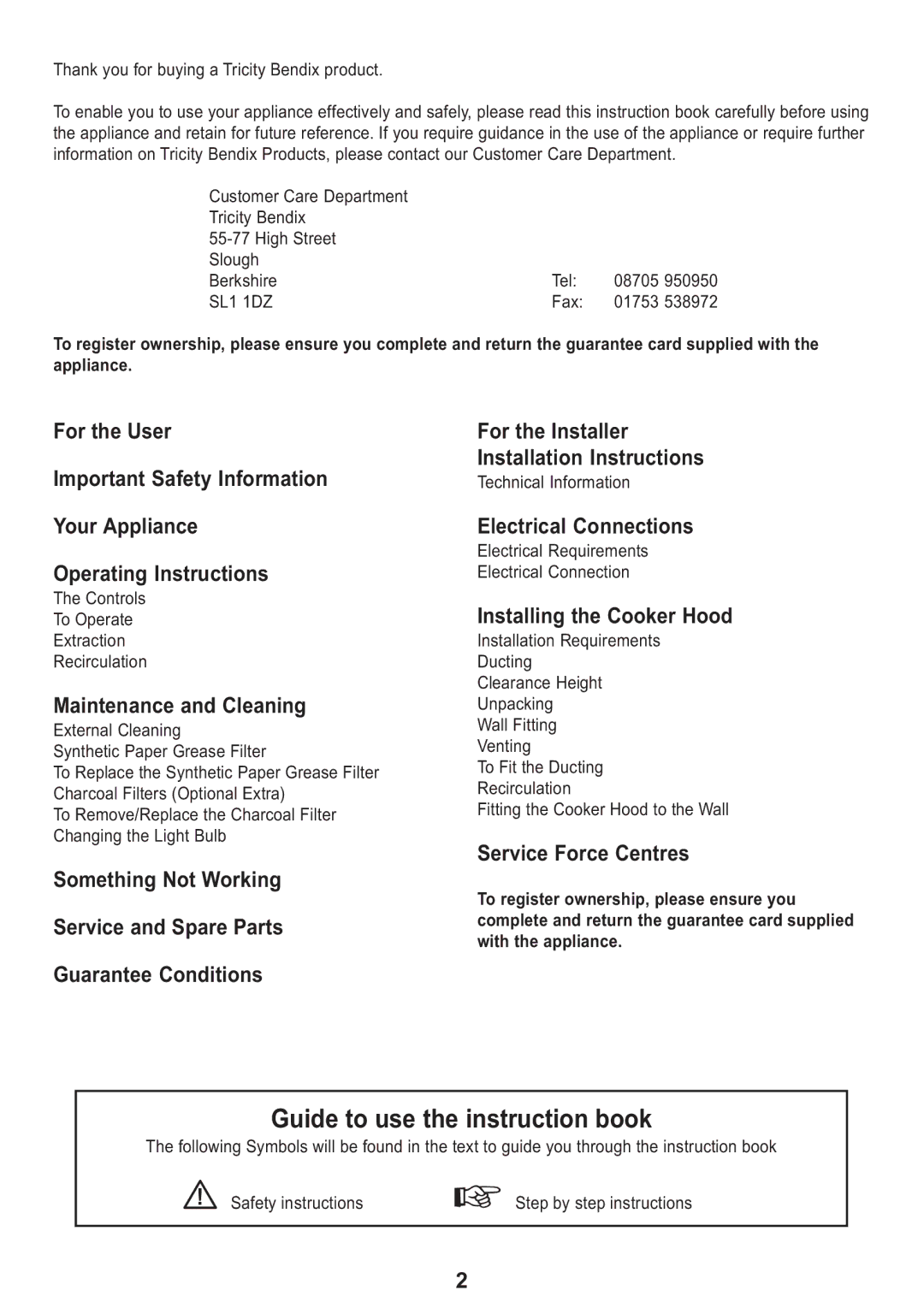 Tricity Bendix TBH 630 Maintenance and Cleaning, Electrical Connections, Installing the Cooker Hood, Service Force Centres 