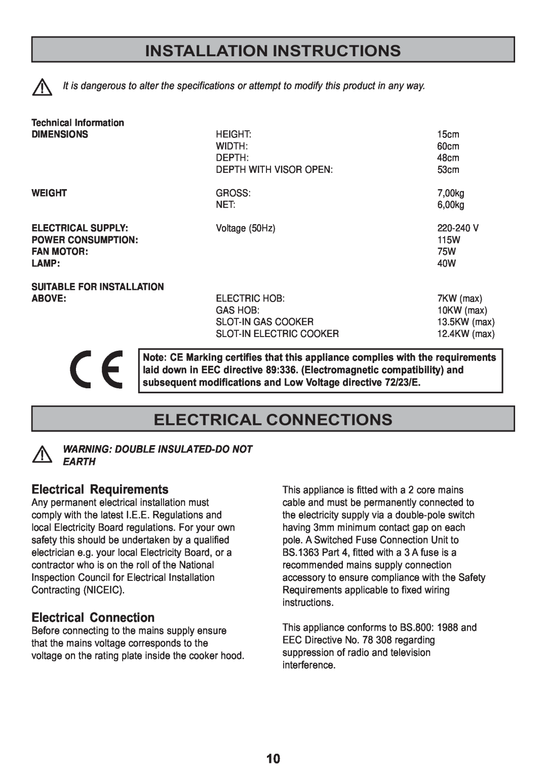 Tricity Bendix TBH 630 manual Installation Instructions, Electrical Connections, Electrical Requirements 