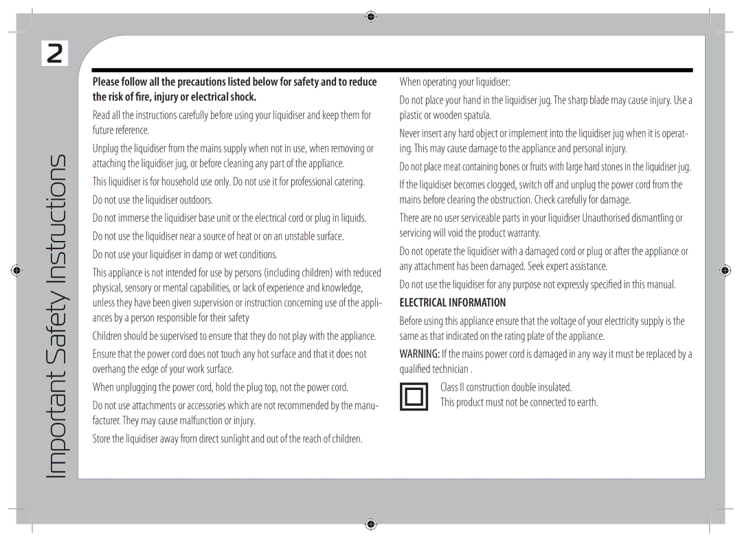 Tricity Bendix TBL10 instruction manual Important Safety Instructions, Do not use your liquidiser in damp or wet conditions 