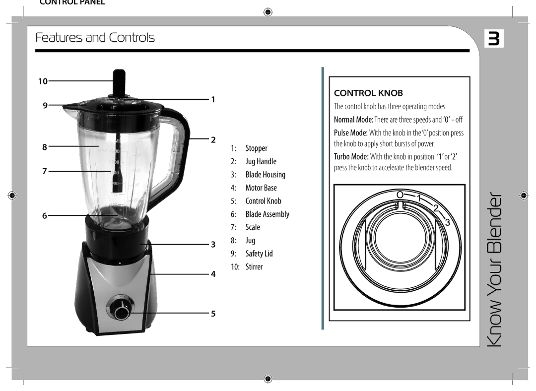 Tricity Bendix TBL10 instruction manual Know Your Blender, Control Panel, Control Knob 