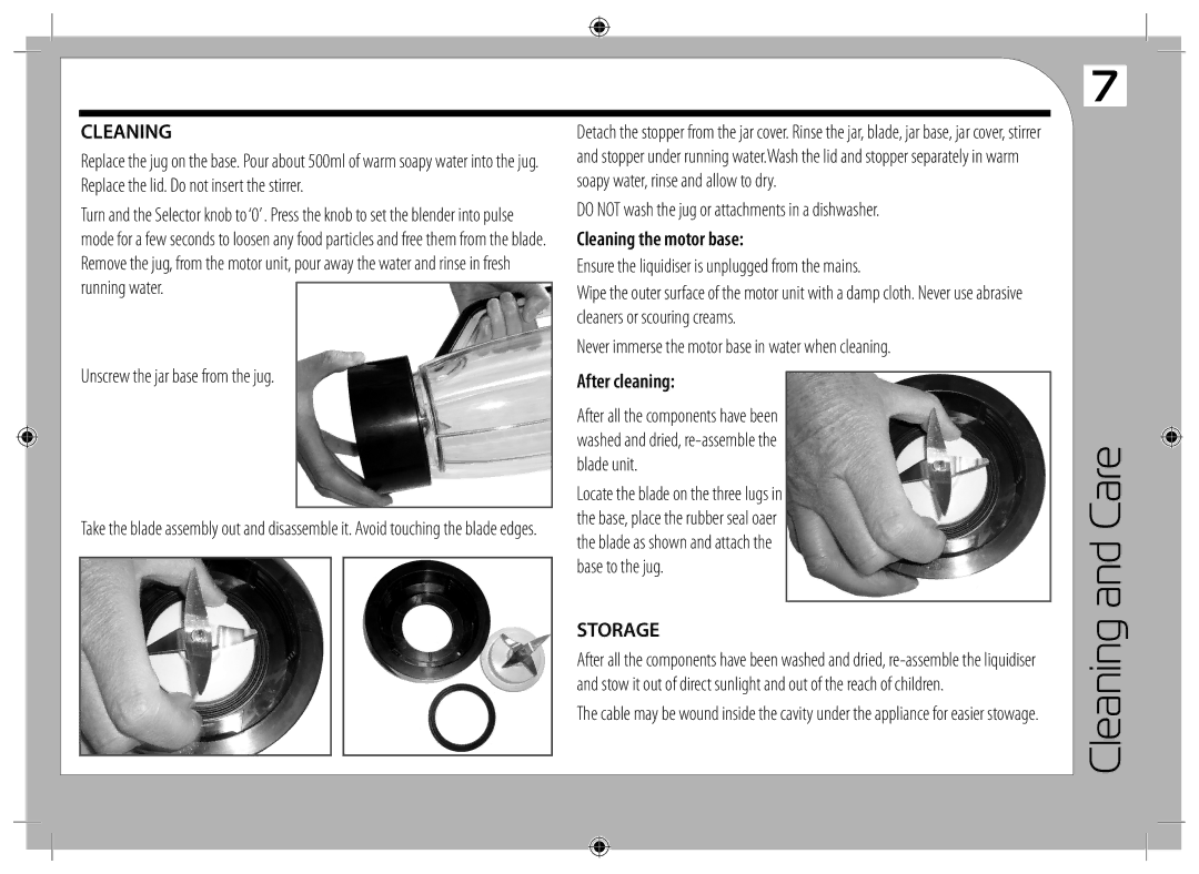 Tricity Bendix TBL10 instruction manual Cleaning and Care, Cleaning the motor base, After cleaning, Storage 