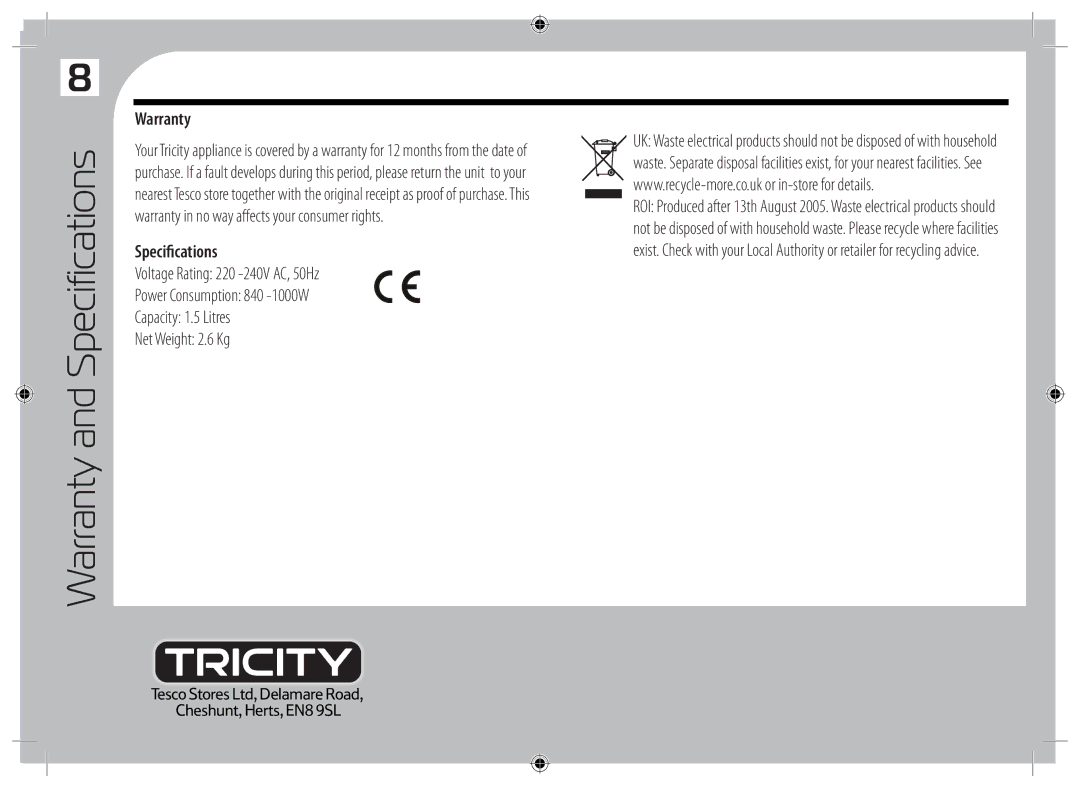 Tricity Bendix TBL10 instruction manual Warranty, Specifications 