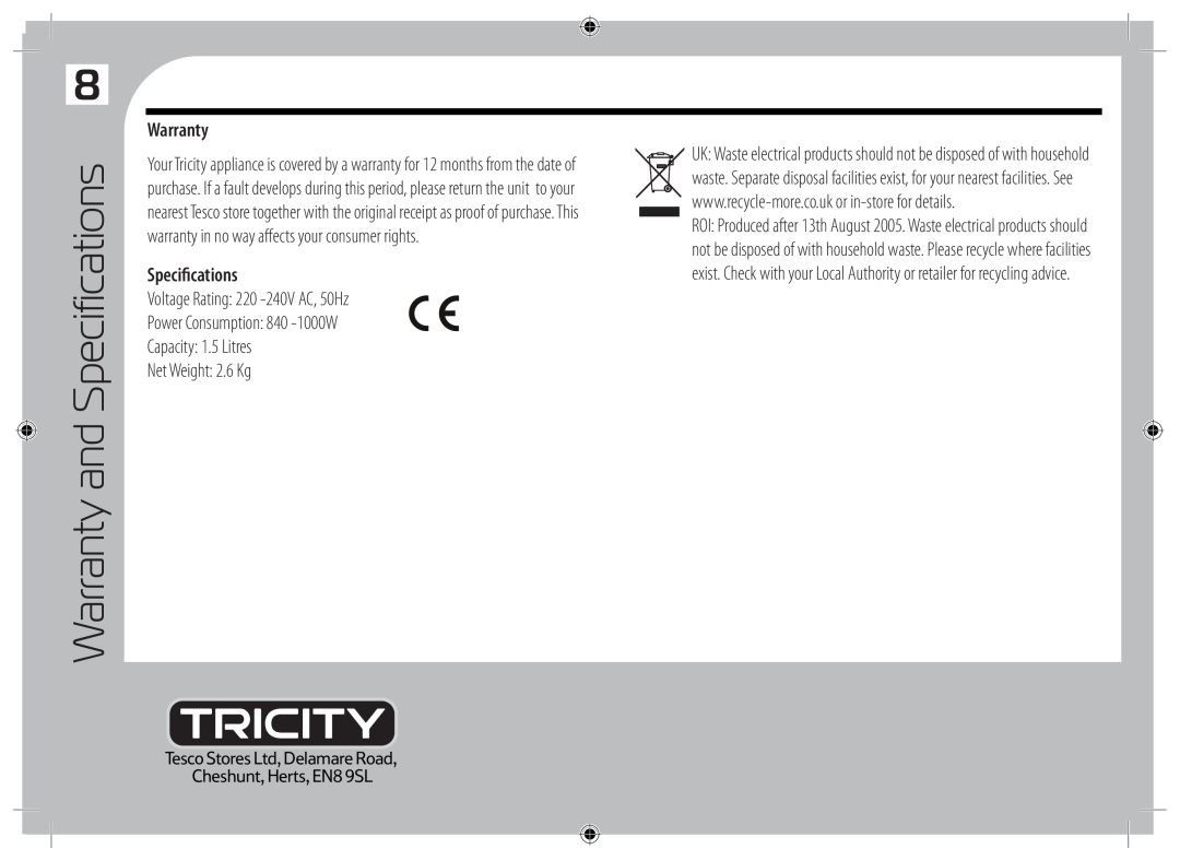 Tricity Bendix TBL10 Warranty, Specifications, Voltage Rating 220 -240VAC, 50Hz, Power Consumption 840 -1000W 