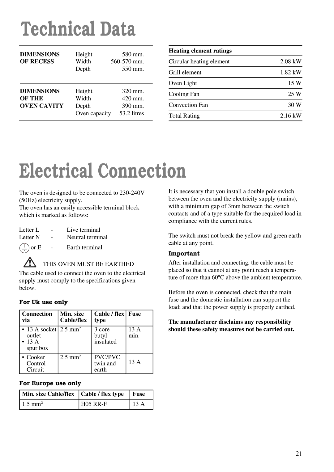 Tricity Bendix TBS 603 manual Technical Data, Electrical Connection, Dimensions, Recess, Oven Cavity 