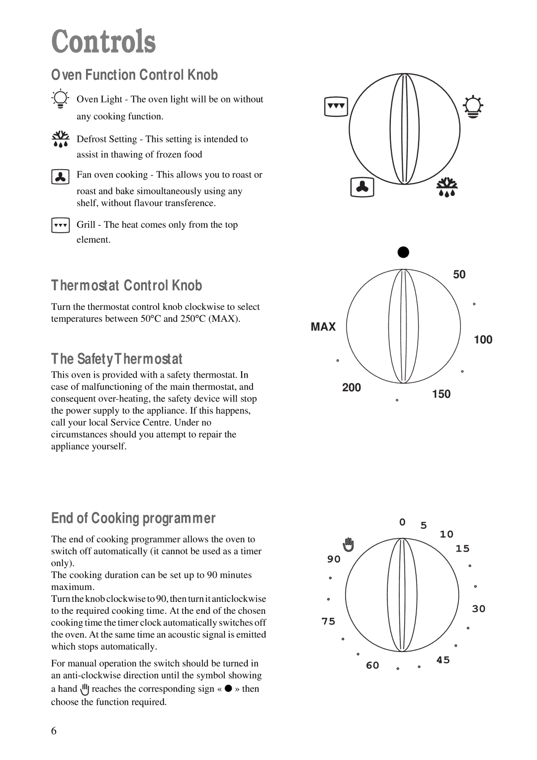 Tricity Bendix TBS 603 manual Controls, Oven Function Control Knob, Thermostat Control Knob, SafetyThermostat 