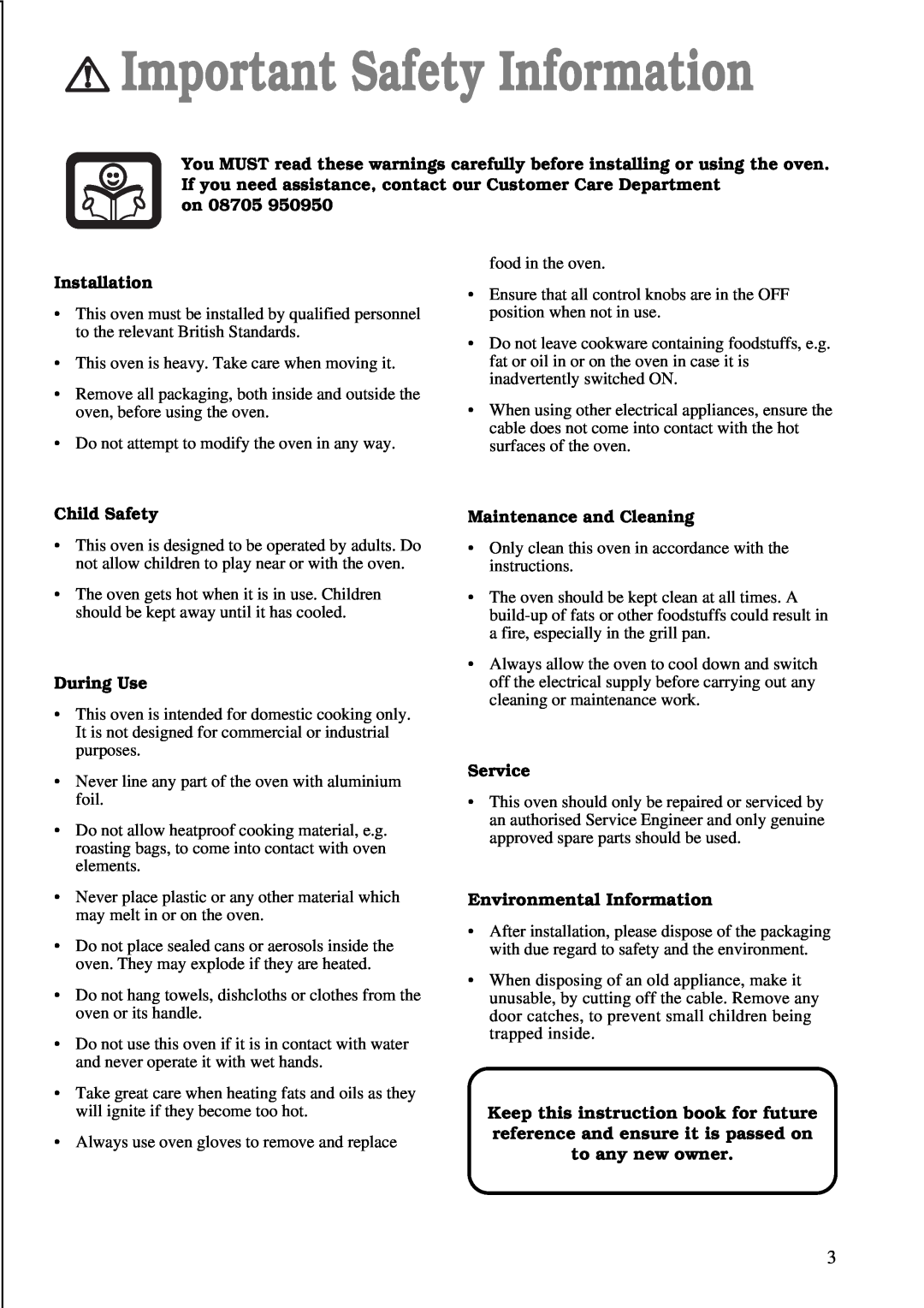 Tricity Bendix TBS 603 manual Important Safety Information, on 08705, Installation, Child Safety, Maintenance and Cleaning 