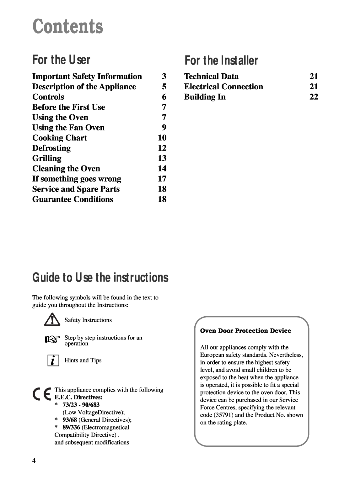 Tricity Bendix TBS 603 manual Contents, For the User, For the Installer, Guide to Use the instructions 