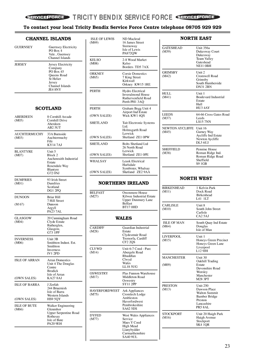 Tricity Bendix TBS 605 manual Channel Islands, Scotland, Northern Ireland, Wales, North East, North West 