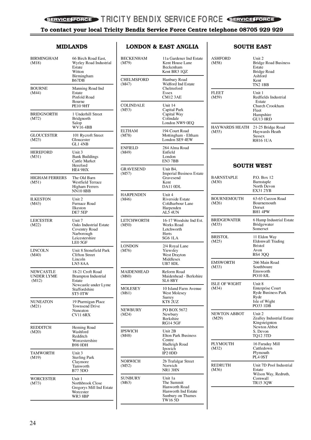 Tricity Bendix TBS 605 manual Midlands, London & East Anglia, South East, South West 