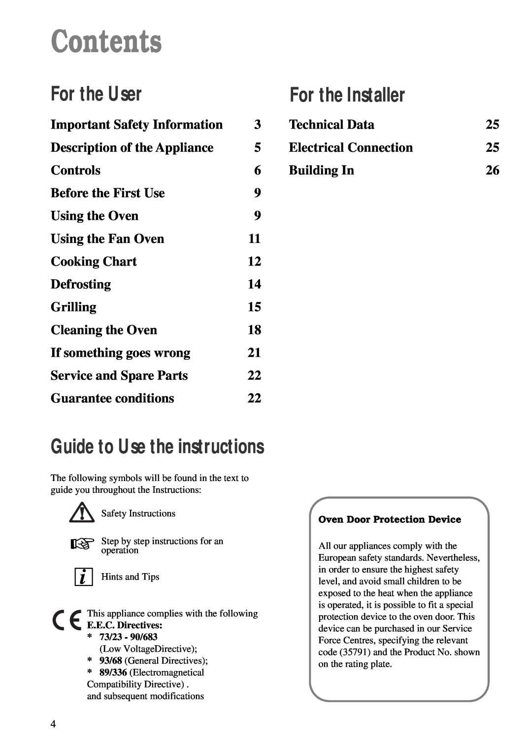 Tricity Bendix TBS 605 manual Contents, For the User, For the Installer, Guide to Use the instructions 