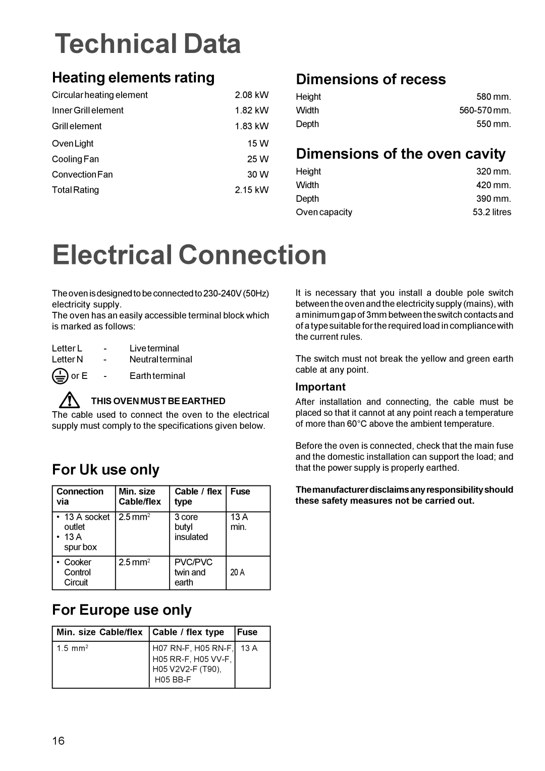 Tricity Bendix TBS 613 manual Technical Data, Electrical Connection 