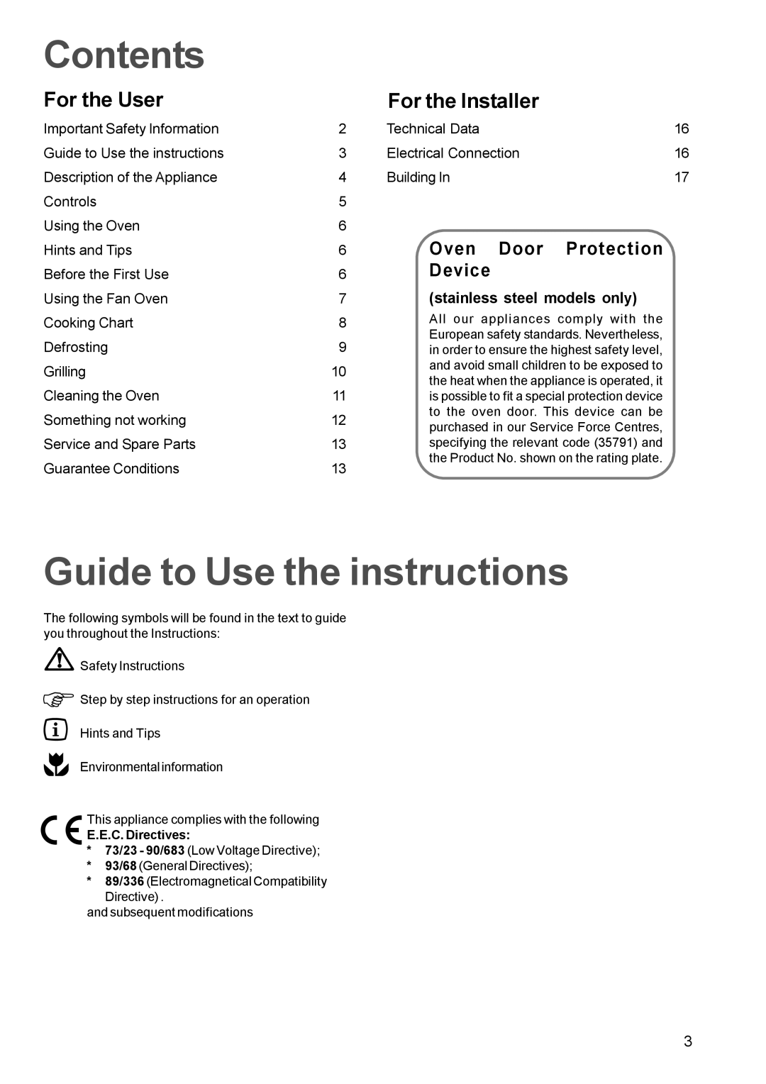 Tricity Bendix TBS 613 manual Contents, Guide to Use the instructions 