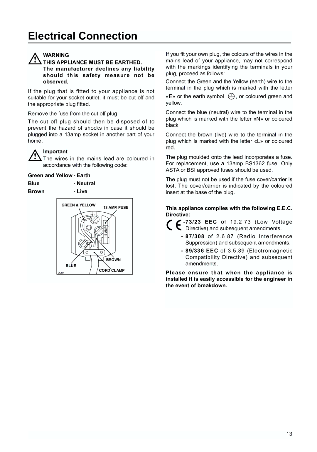 Tricity Bendix TBUF 100 installation instructions Electrical Connection, Green and Yellow Earth Blue- Neutral Brown Live 