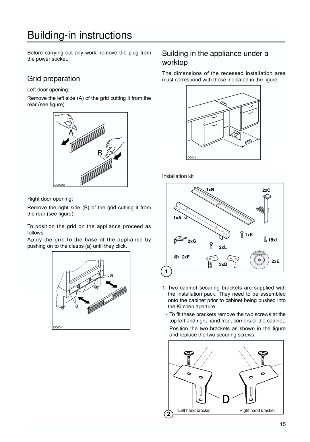 Tricity Bendix TBUF 100 Building-in instructions, Grid preparation Building in the appliance under a worktop 