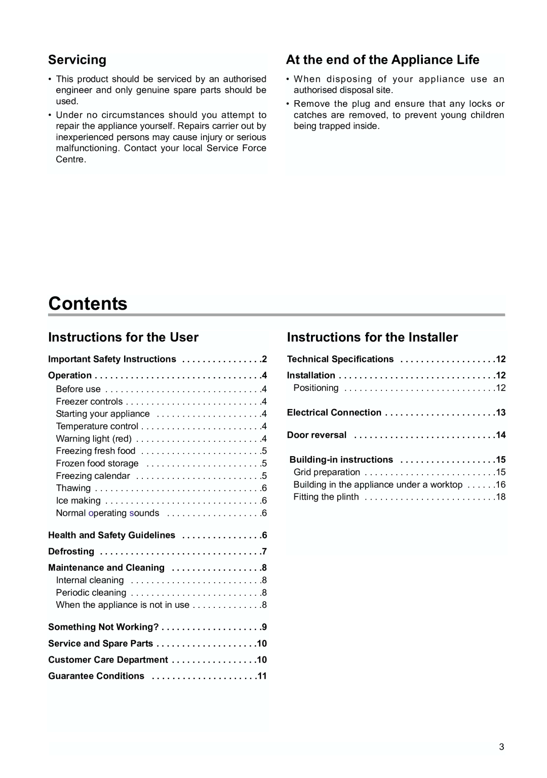 Tricity Bendix TBUF 100 installation instructions Contents 