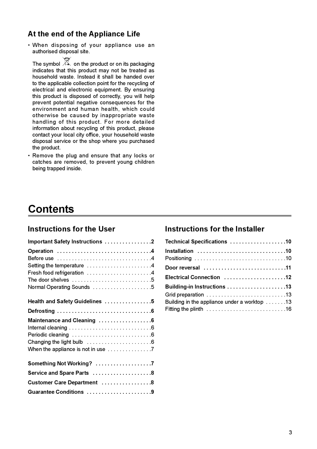 Tricity Bendix TBUL 140 installation instructions Contents 