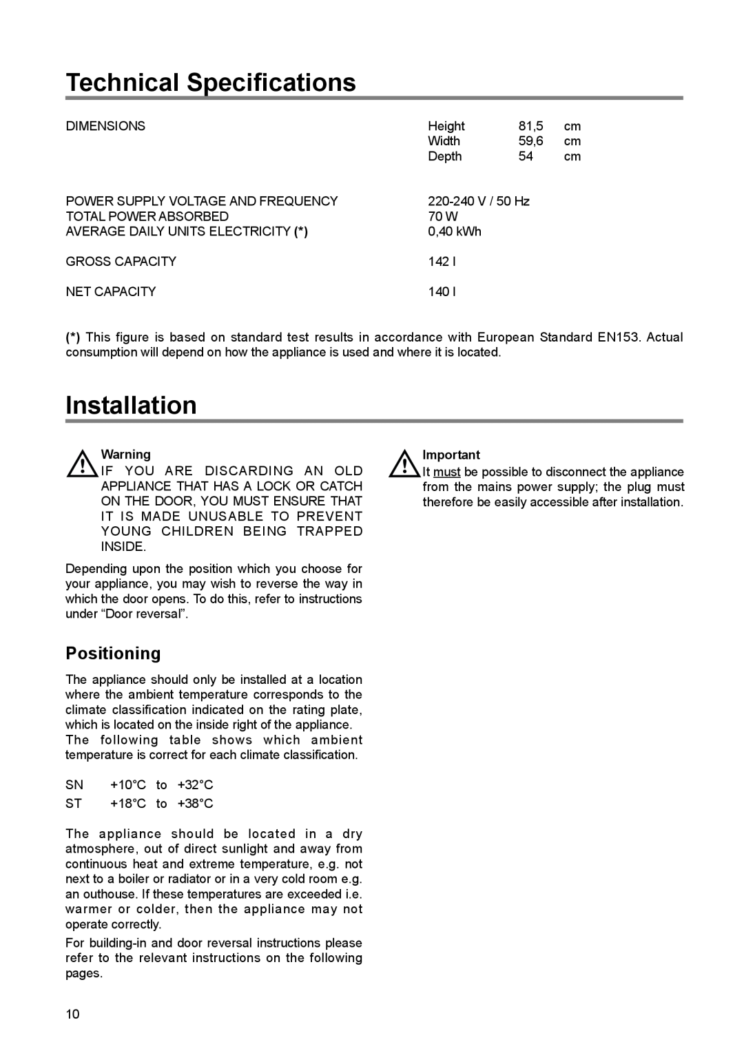Tricity Bendix TBUL 140 installation instructions Technical Specifications, Installation, Positioning 