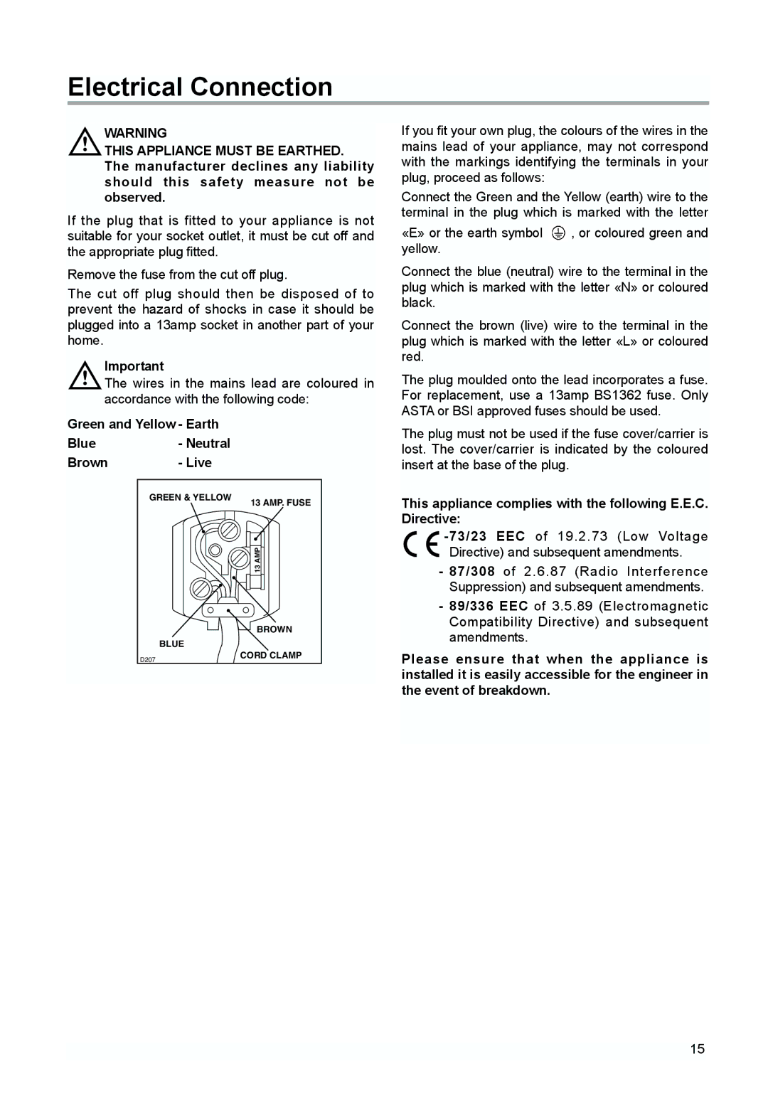 Tricity Bendix TBUR 120 installation instructions Electrical Connection, Green and Yellow Earth Blue- Neutral Brown Live 