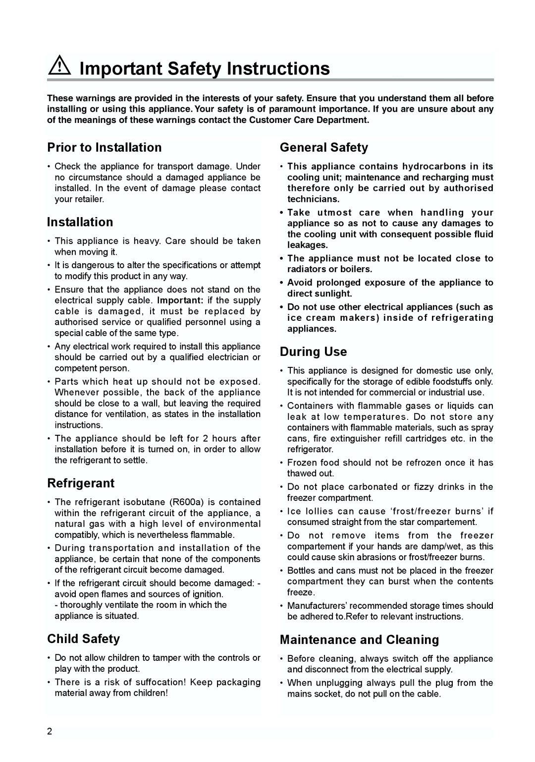 Tricity Bendix TBUR 120 installation instructions Important Safety Instructions 