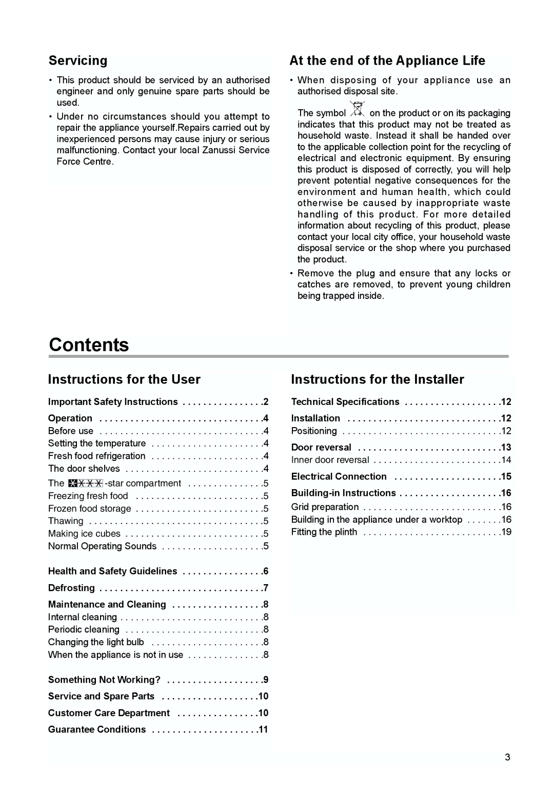 Tricity Bendix TBUR 120 installation instructions Contents 