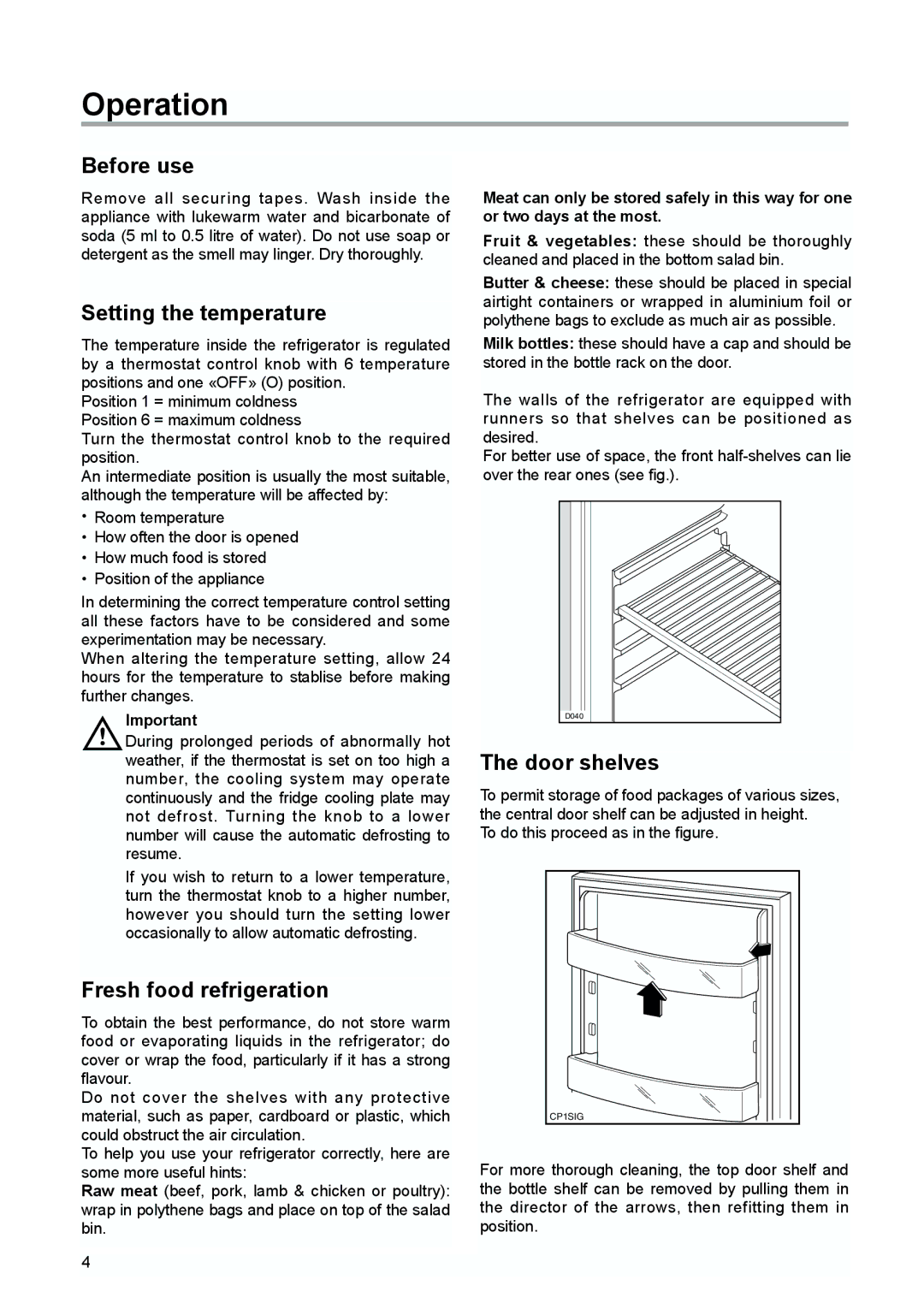 Tricity Bendix TBUR 120 Operation, Before use, Setting the temperature, Fresh food refrigeration, Door shelves 