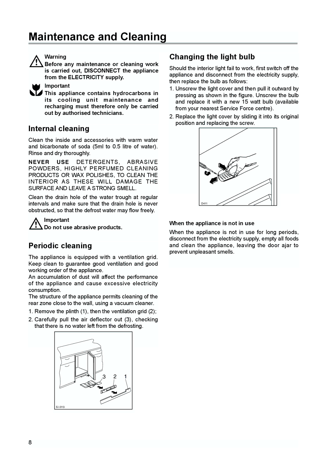 Tricity Bendix TBUR 120 Maintenance and Cleaning, Internal cleaning, Periodic cleaning, Changing the light bulb 