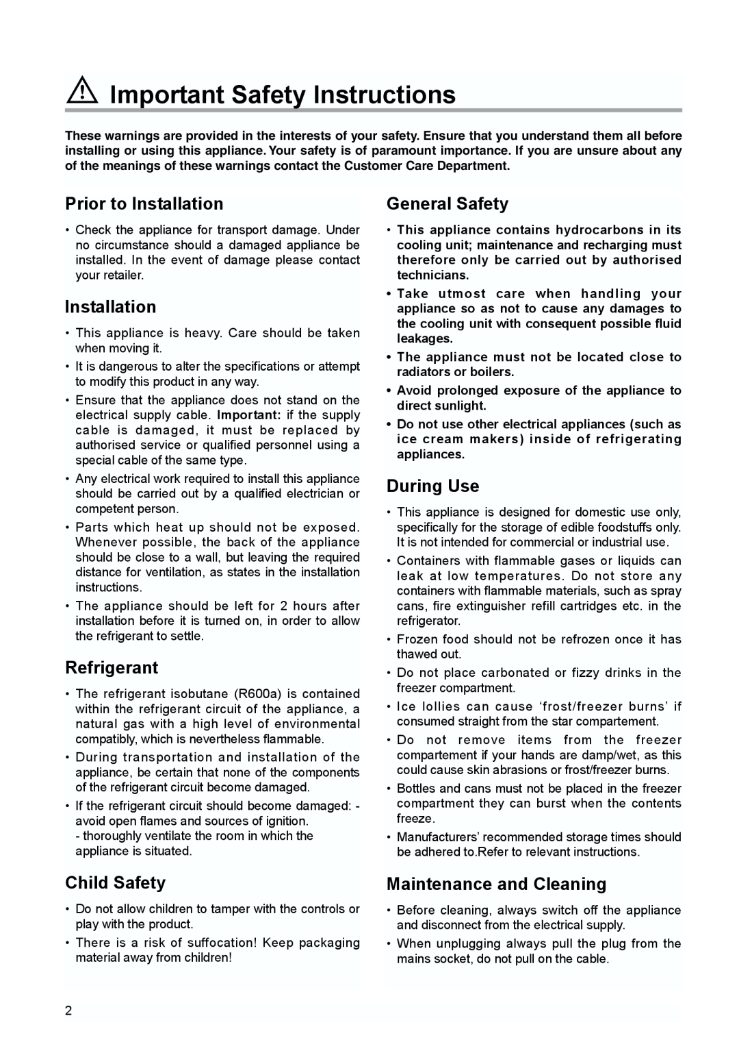 Tricity Bendix TBUR 120 Important Safety Instructions, Prior to Installation, Refrigerant, Child Safety, General Safety 