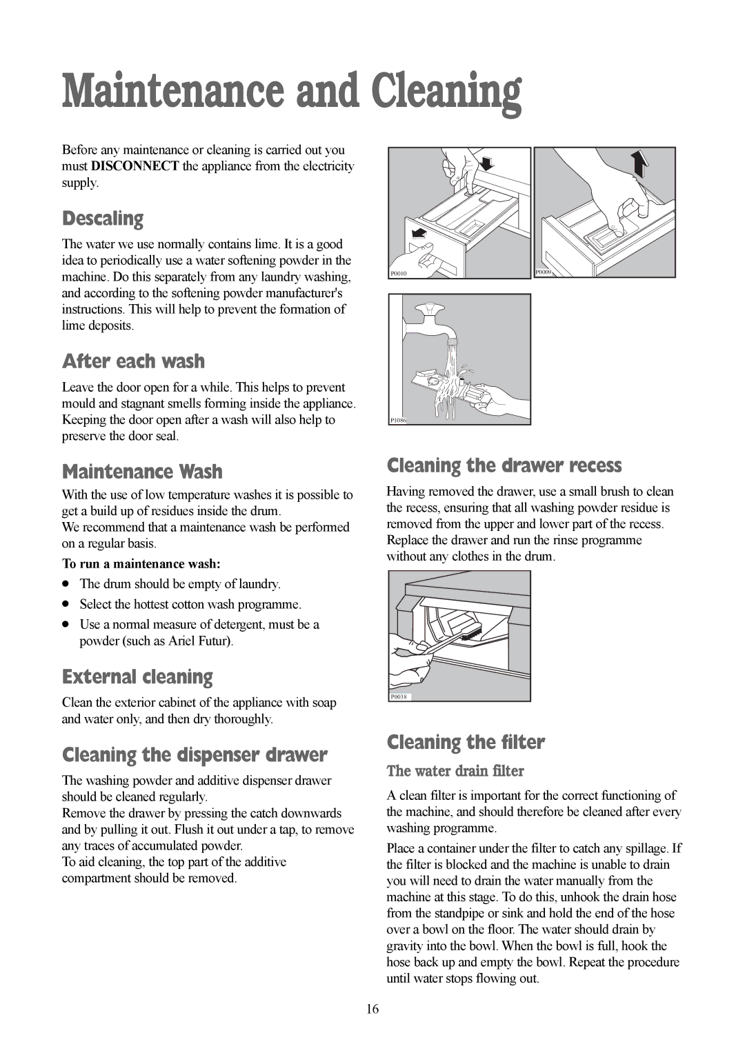 Tricity Bendix TBWM 1110 installation instructions Maintenance and Cleaning 