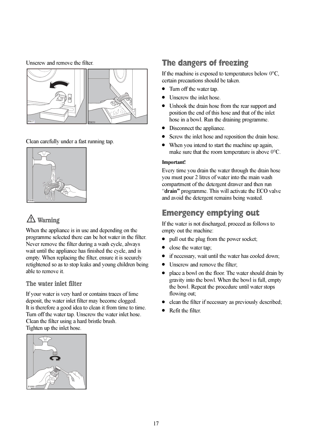 Tricity Bendix TBWM 1110 installation instructions Emergency emptying out, Water inlet filter 