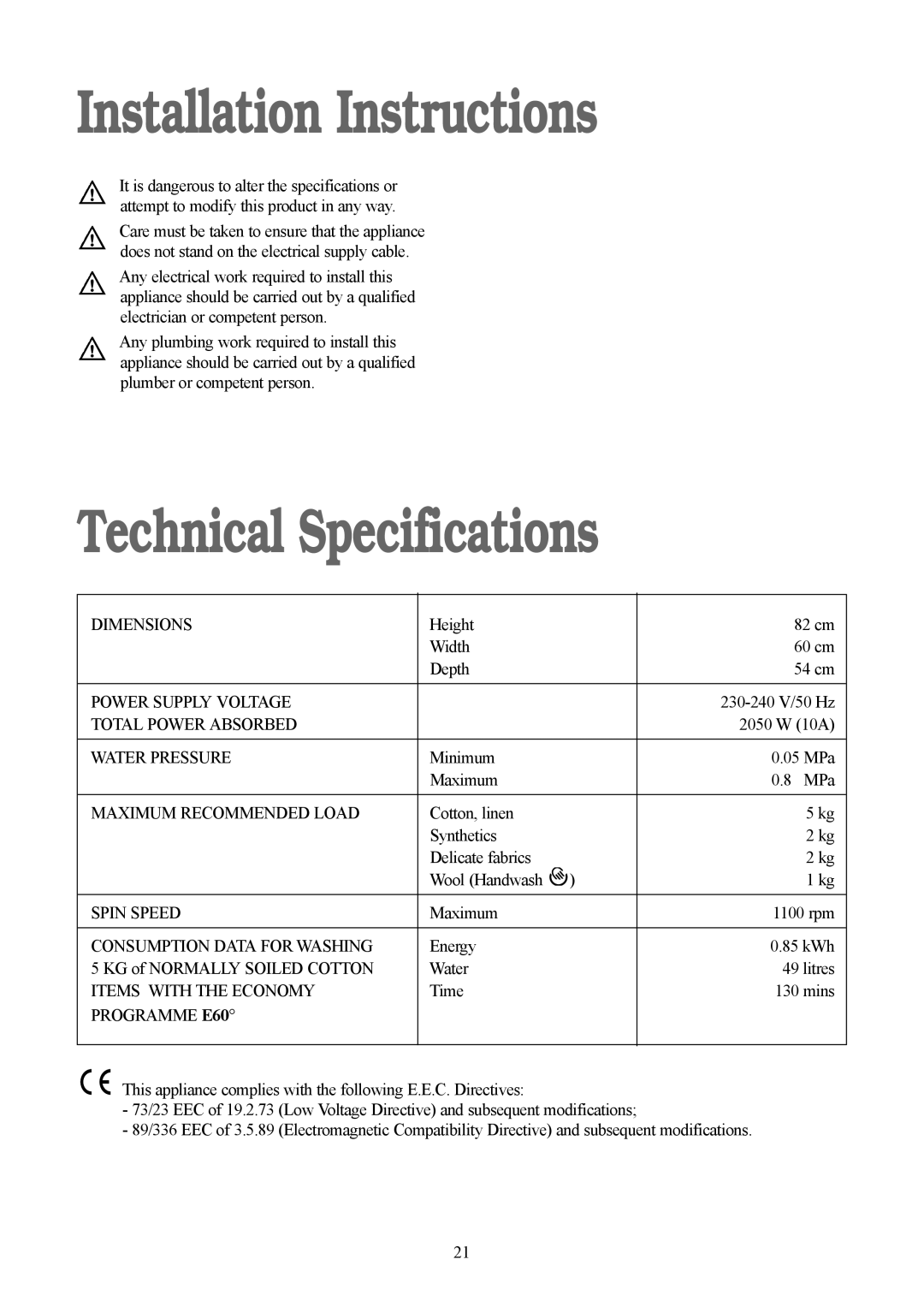 Tricity Bendix TBWM 1110 installation instructions Installation Instructions, Technical Specifications 