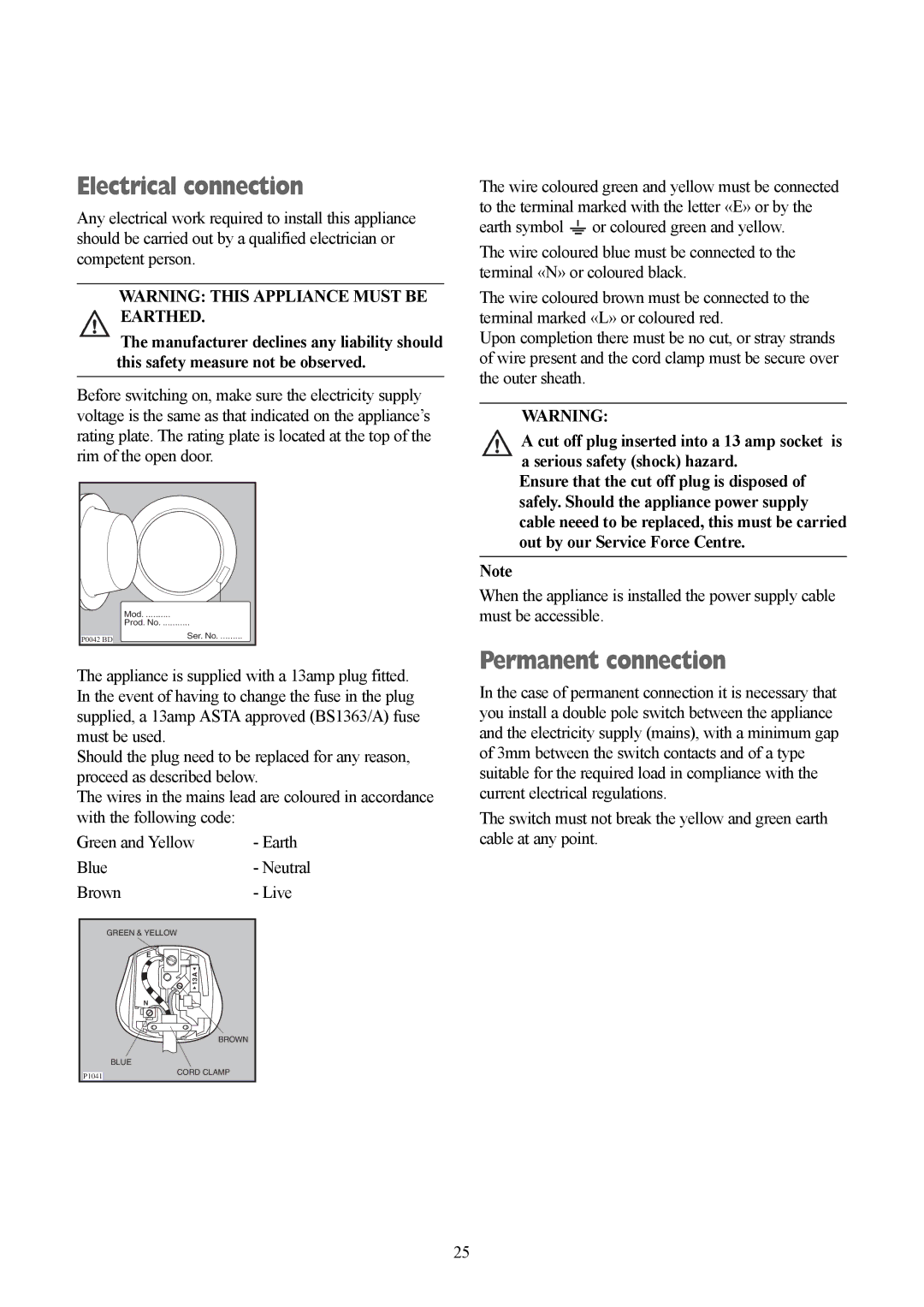 Tricity Bendix TBWM 1110 installation instructions Electrical connection, Permanent connection, Blue- Neutral Brown- Live 