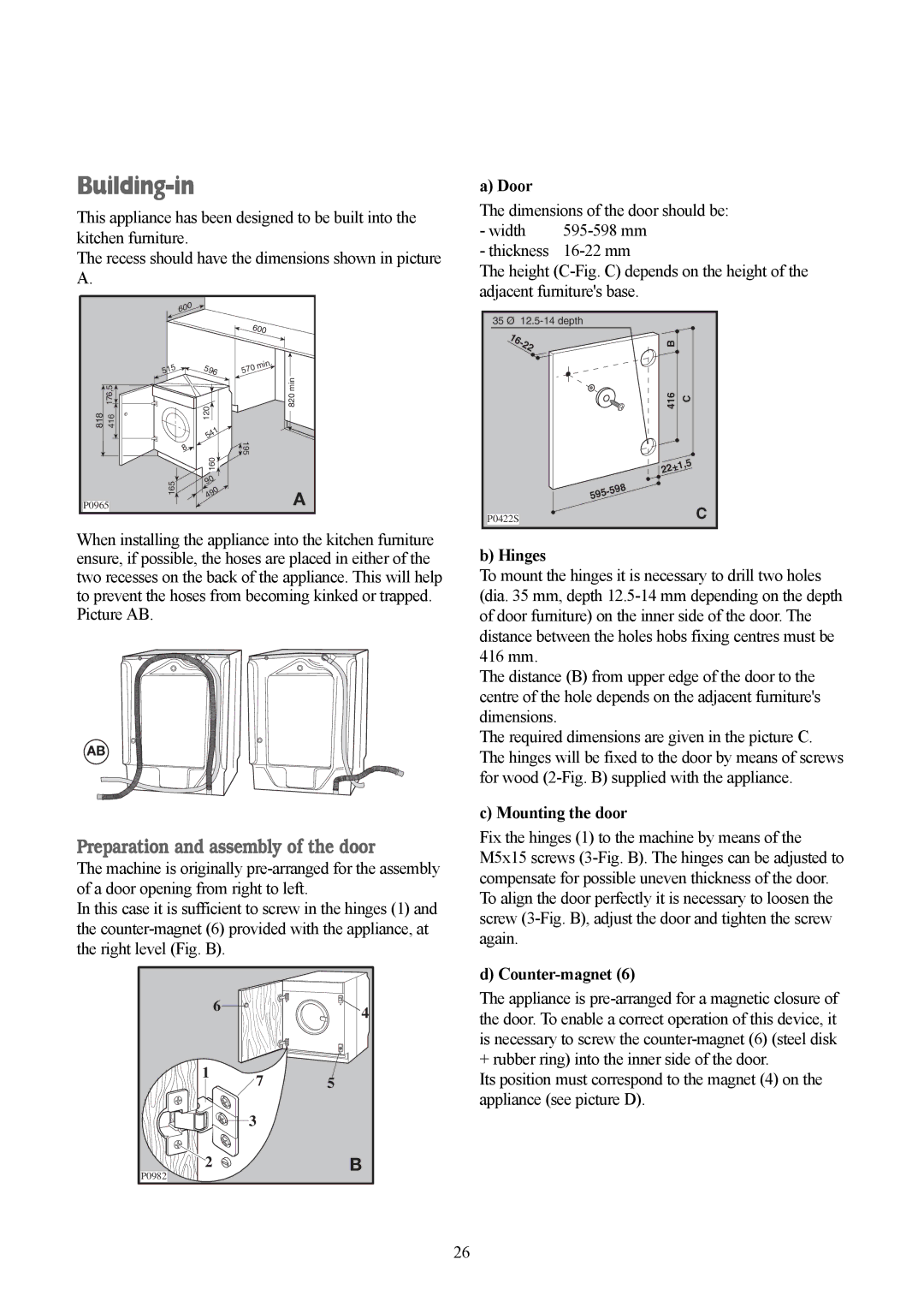 Tricity Bendix TBWM 1110 installation instructions Building-in, Preparation and assembly of the door 