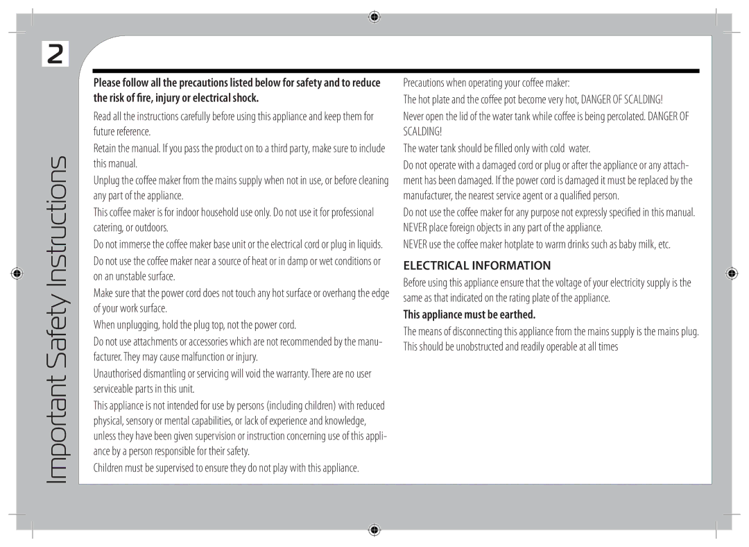 Tricity Bendix TCM10 Important Safety Instructions, Precautions when operating your coffee maker, Electrical Information 