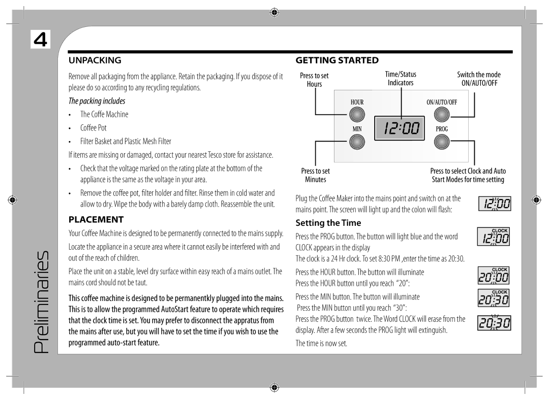 Tricity Bendix TCM10 instruction manual Preliminaries, Unpacking, Placement, Getting Started, Setting the Time 